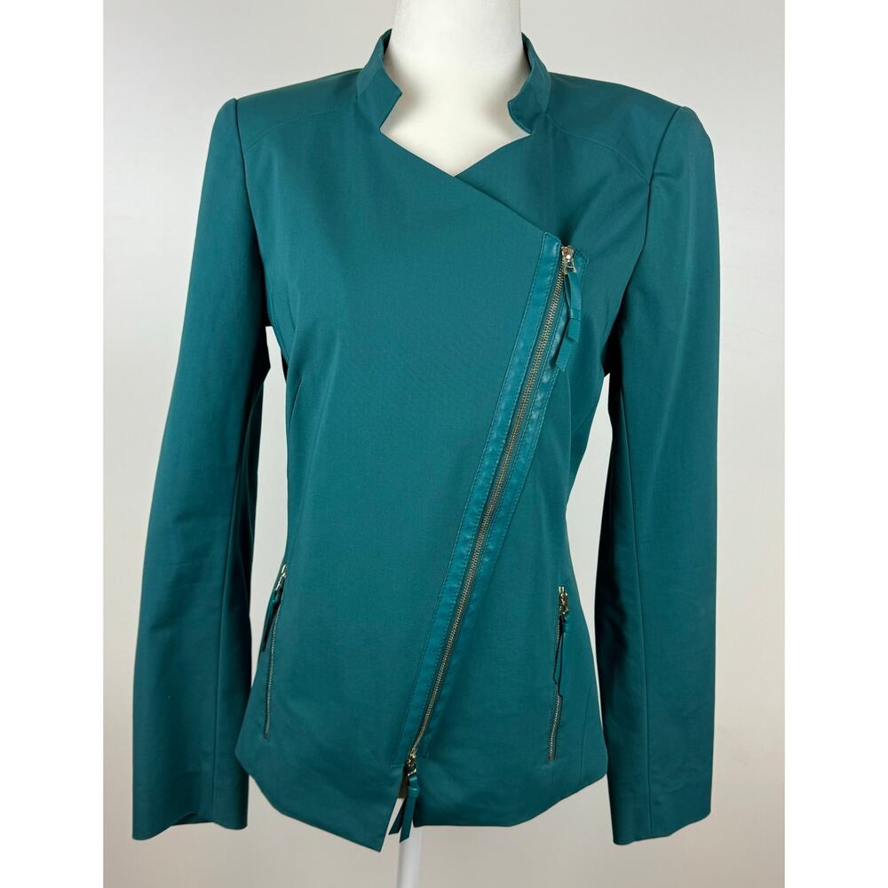 Lafayette 148 Womens Moto Jacket Blazer with Leather Trim in Emerald Green Sz 4
